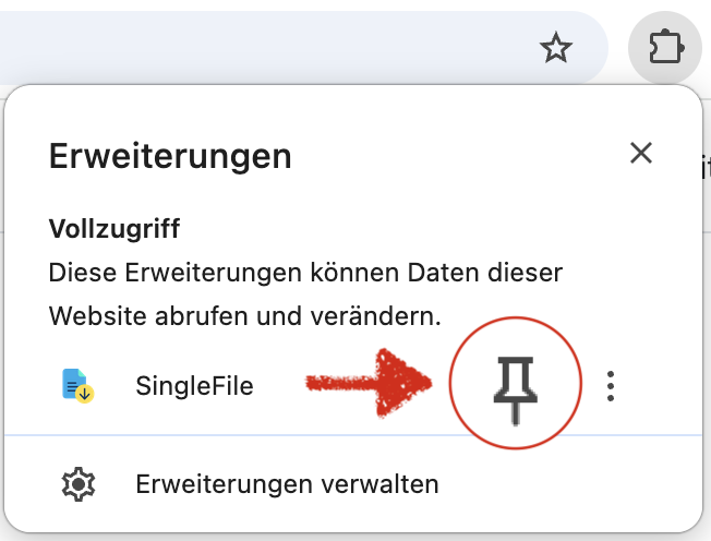 Erweiterungsmenü in Google Chrome mit Option zum Anpinnen einer Erweiterung über das Pin-Symbol, damit diese dauerhaft in der Symbolleiste angezeigt wird.