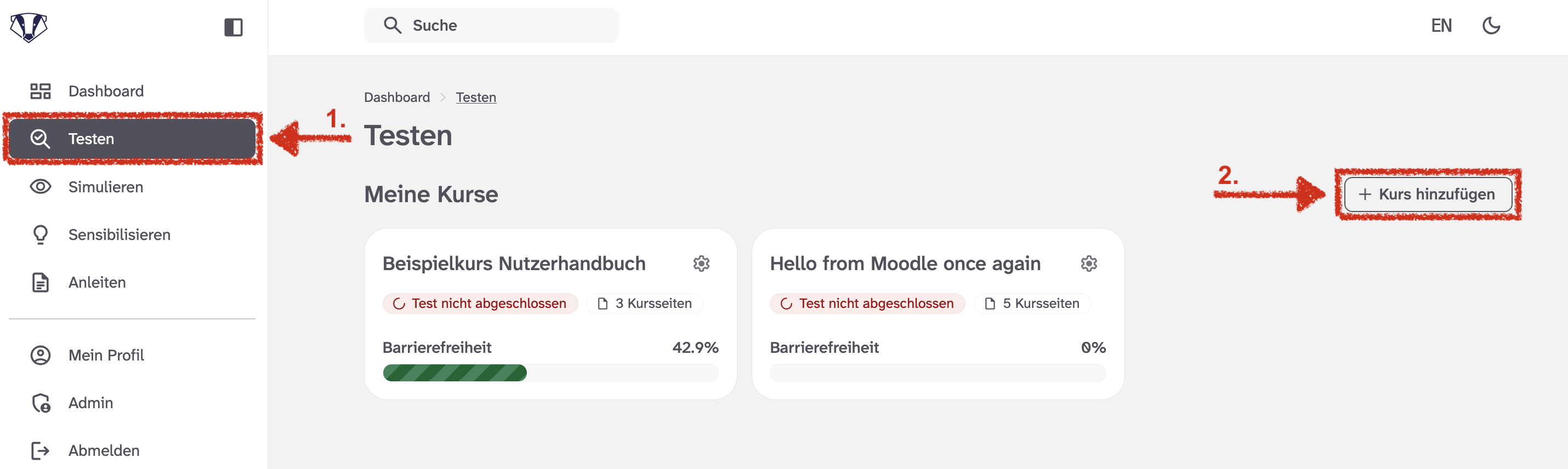 Übersichtsseite aller Kurse im Portalbereich Testen mit hervorgehobener Schaltfläche zum Erstellen eines neuen Kurses.