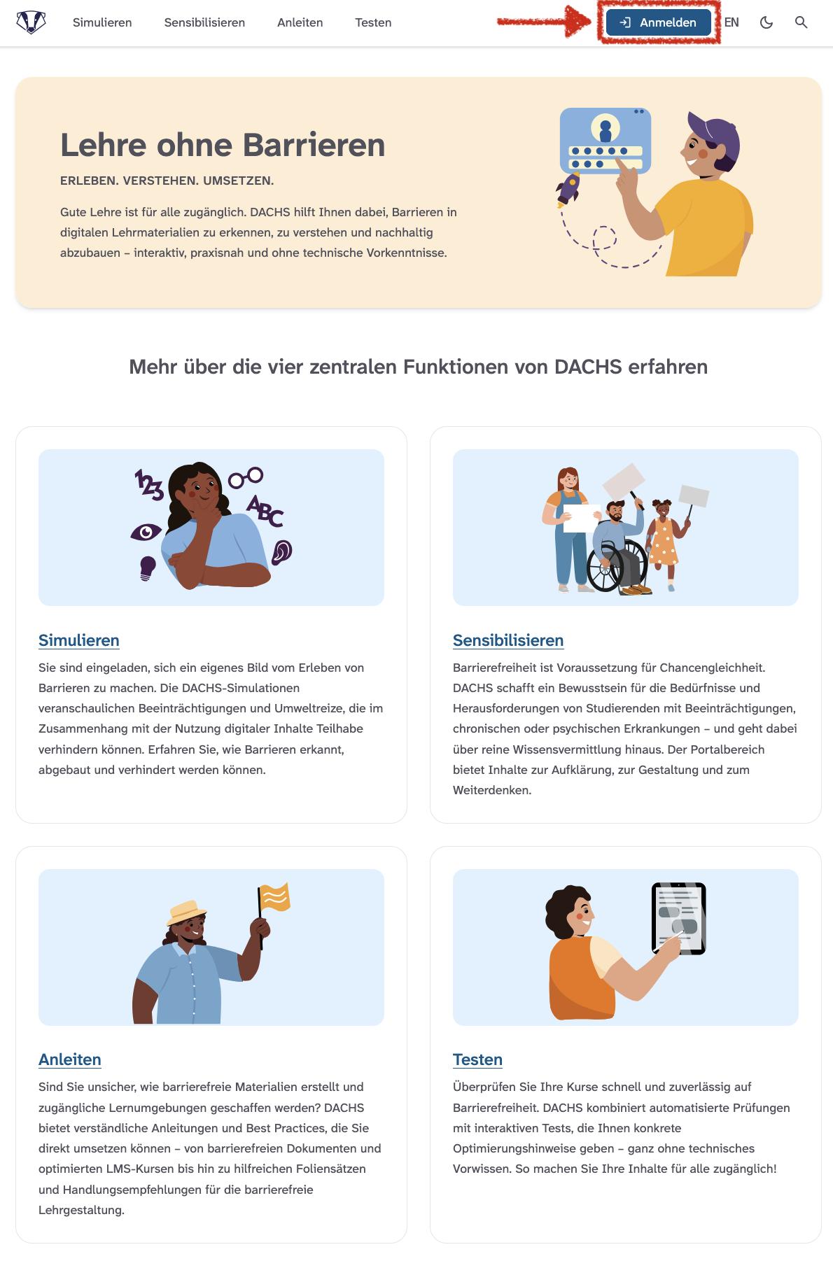 Abbildung der DACHS-Startseite mit Schaltflächen für die vier Portalbereiche sowie dazugehörigen Informationstexten. Oberhalb im Portal befindet sich eine Navigation mit den Schaltflächen 'Anmelden', 'Sprachwechsel', 'Darkmode' und 'Suche'. Zusätzliche Hervorhebung der Anmelden-Schaltfläche.