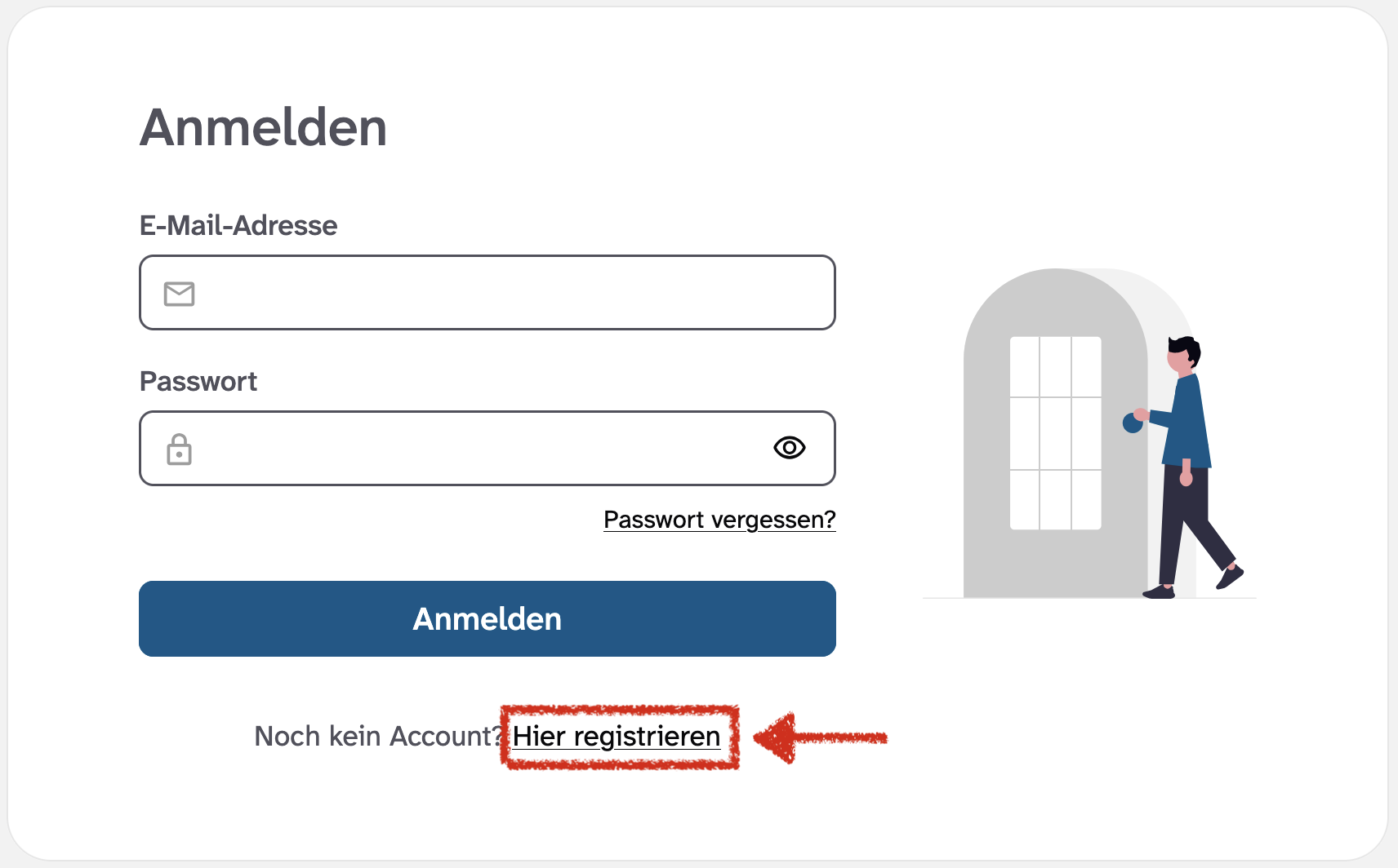 Abbildung des Login-Fensters mit Hervorhebung der Schaltfläche zum Registrieren.