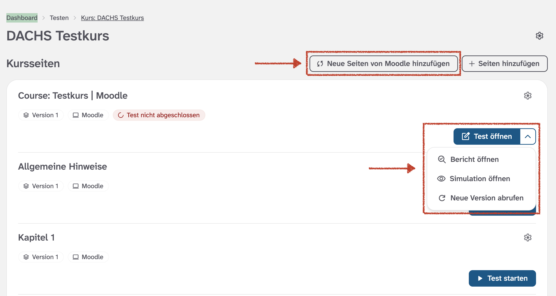 Abbildung eines nach DACHS exportierten Moodle-Kurses mit Auflistung der Kursseiten sowie einem ausgeklappten Aktionsmenü für eine bereits importierte Kursseite, über das eine neue Seitenversion abgerufen werden kann. Rechts neben der Kursüberschrift ist auch die Schaltfläche 'Neue Seiten von Moodle hinzufügen' hervorgehoben, mit der man seinen Kurs synchronisieren kann.