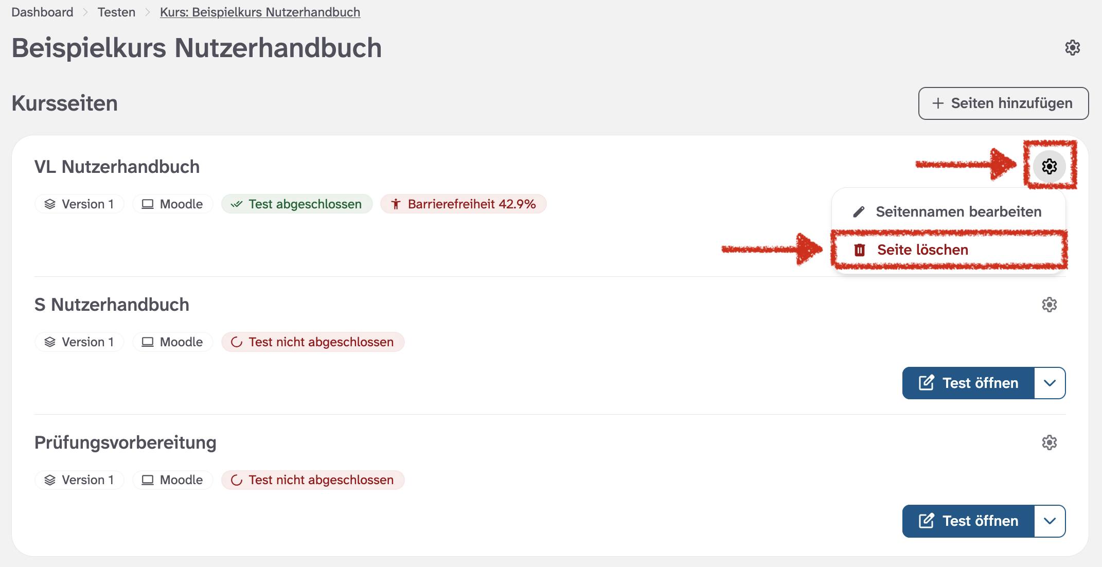 Kursübersicht mit Liste der zugehörigen Seiten und hervorgehobener Schaltfläche zum Löschen einer Seite.