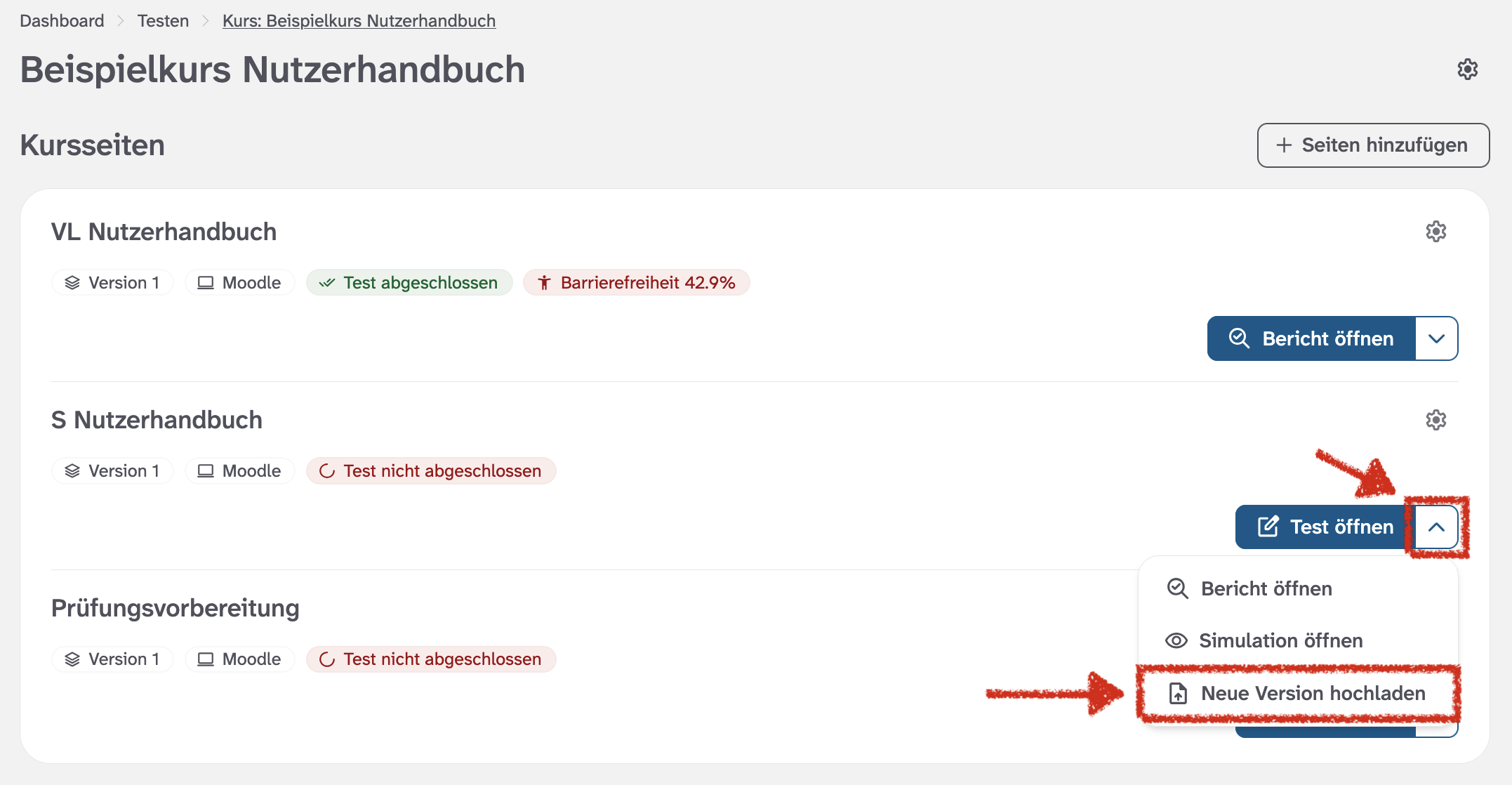 Abbildung eines Kurses mit der Übersicht zugehöriger Seiten und Hervorhebung der Schaltfläche 'Neue Version hochladen'