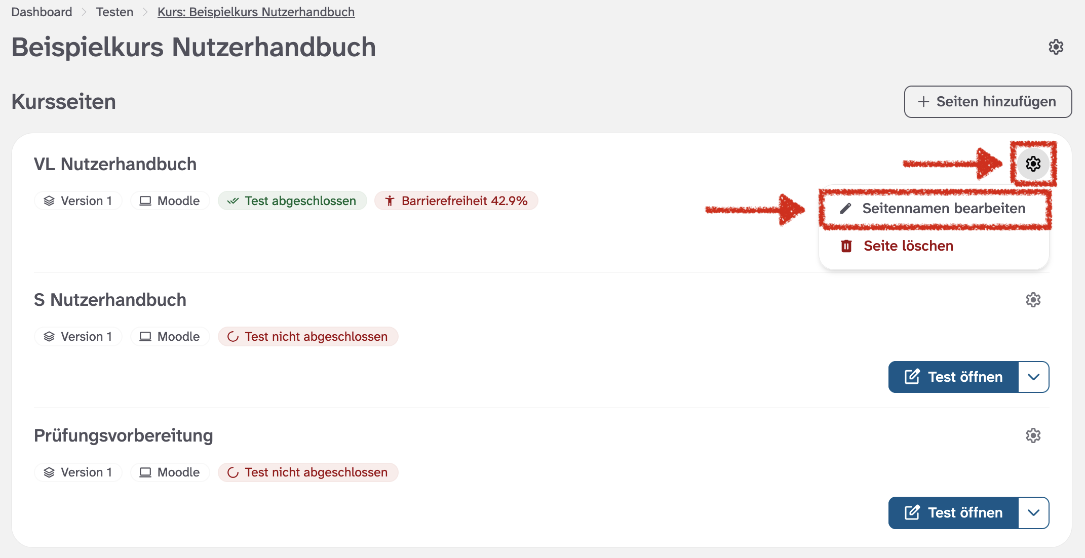 Kursübersicht mit Liste der zugehörigen Seiten und hervorgehobener Schaltfläche zur Umbenennung einer ausgewählten Seite.