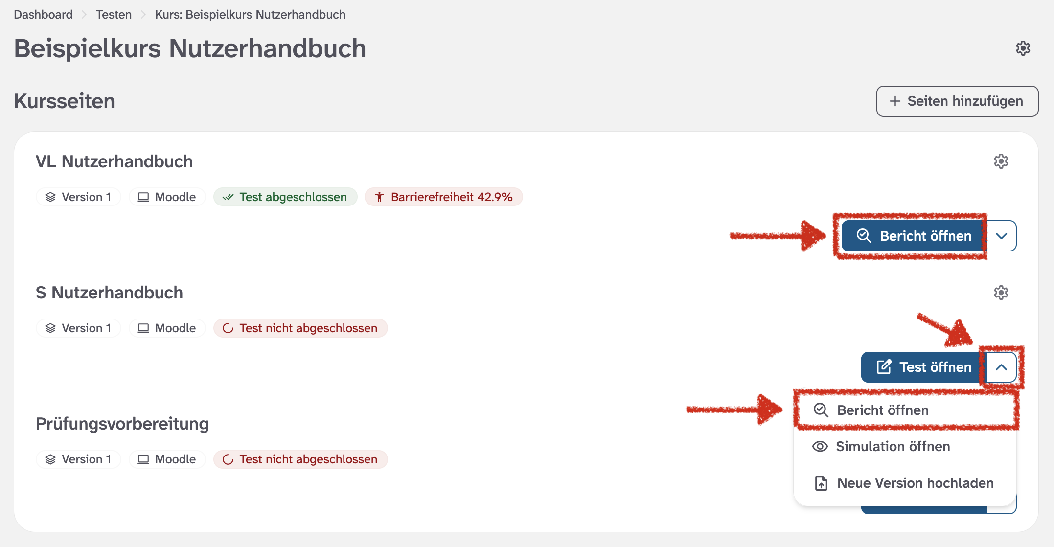 Abbildung der Seitenübersicht eines Kurses mit Markierung der Schaltflächen, um den Bericht für eine Seite zu öffnen
