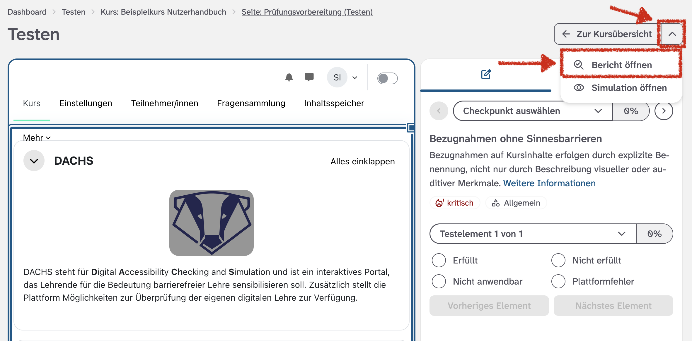 Abbildung des Testbereichs einer Kursseite mit geöffnetem Auswahlmenü, über das direkt zum Bericht navigiert werden kann.