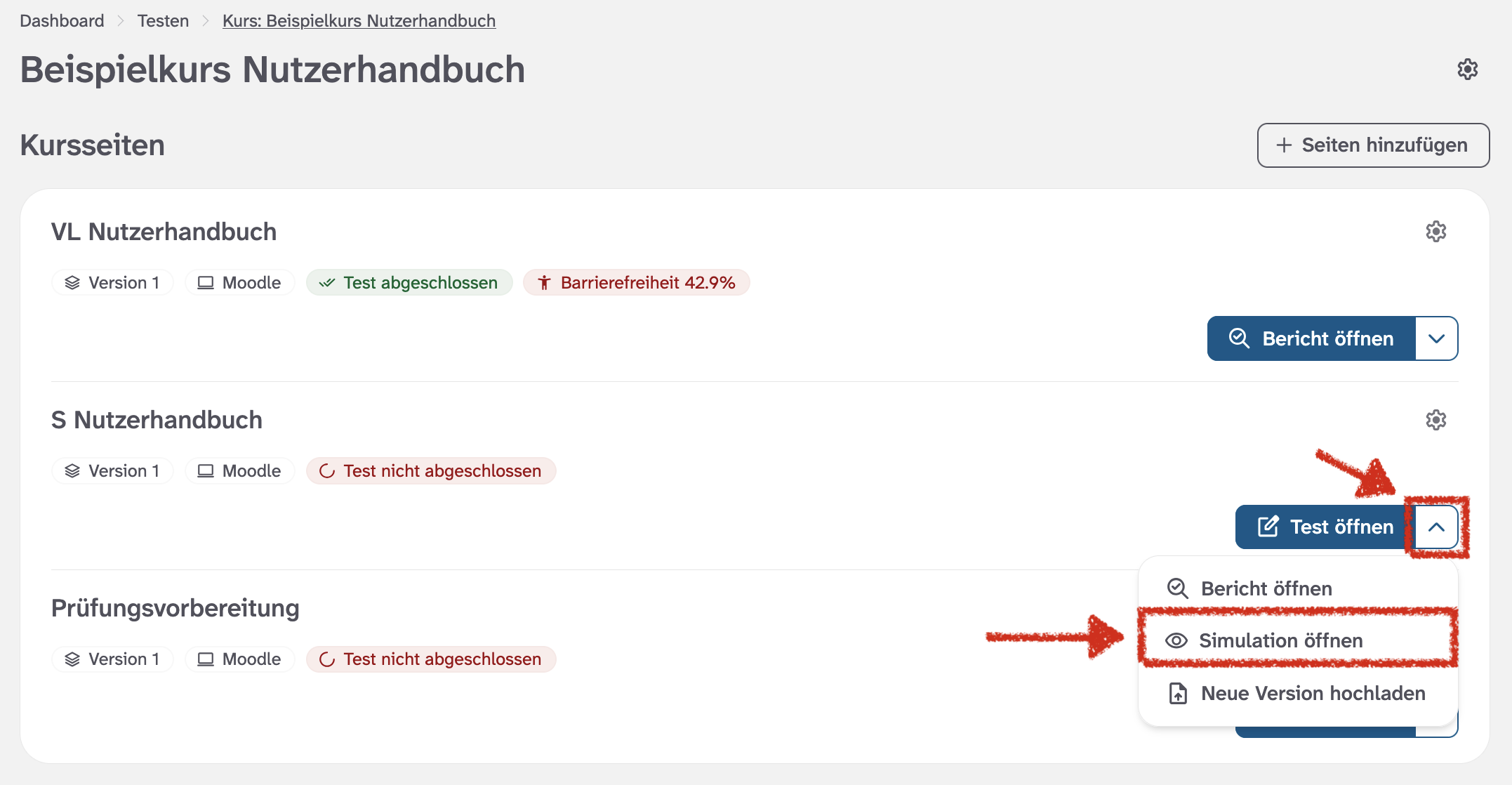 Abbildung der Seitenübersicht eines Kurses mit hervorgehobener Schaltfläche 'Simulation öffnen' um die Simulation für eine eigens angelegte Kursseite zu starten.