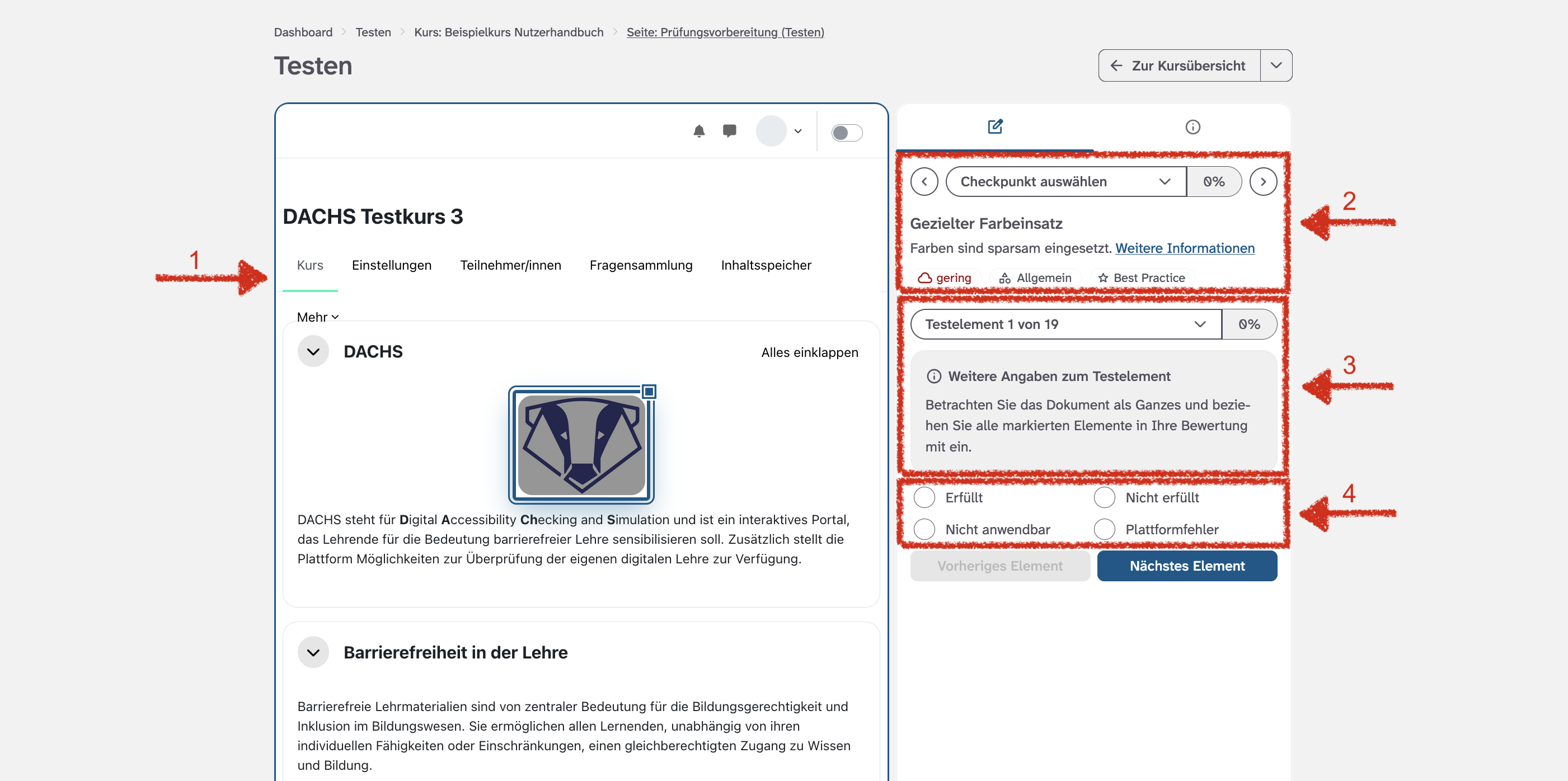 Abbildung des Testbereichs zur Barrierefreiheitsprüfung einer Kursseite: links die Kursseite mit markiertem Testelement, rechts eine Sidebar zur Navigation durch Checkpunkte und Testelemente sowie zur Bewertung. Weitere Details stehen im begleitenden Text.