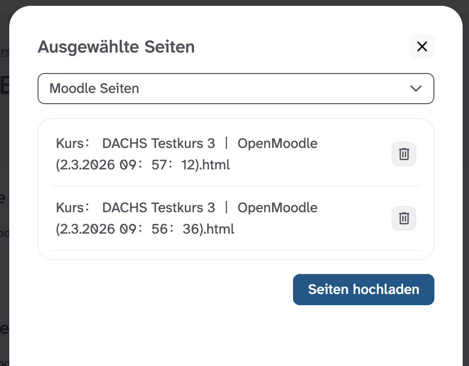 Abbildung der zum Upload ausgewählten Seiten