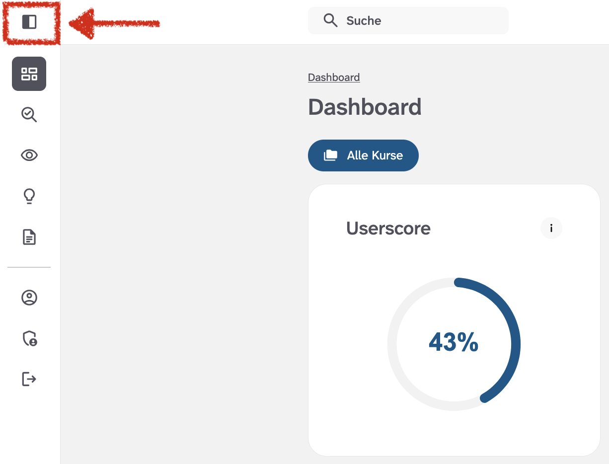 Abbildung des Dashboards mit eingeklappter Seitenleiste und Hervorhebung der Schaltfläche, mit der die Seitenleiste wieder auszuklappen ist.