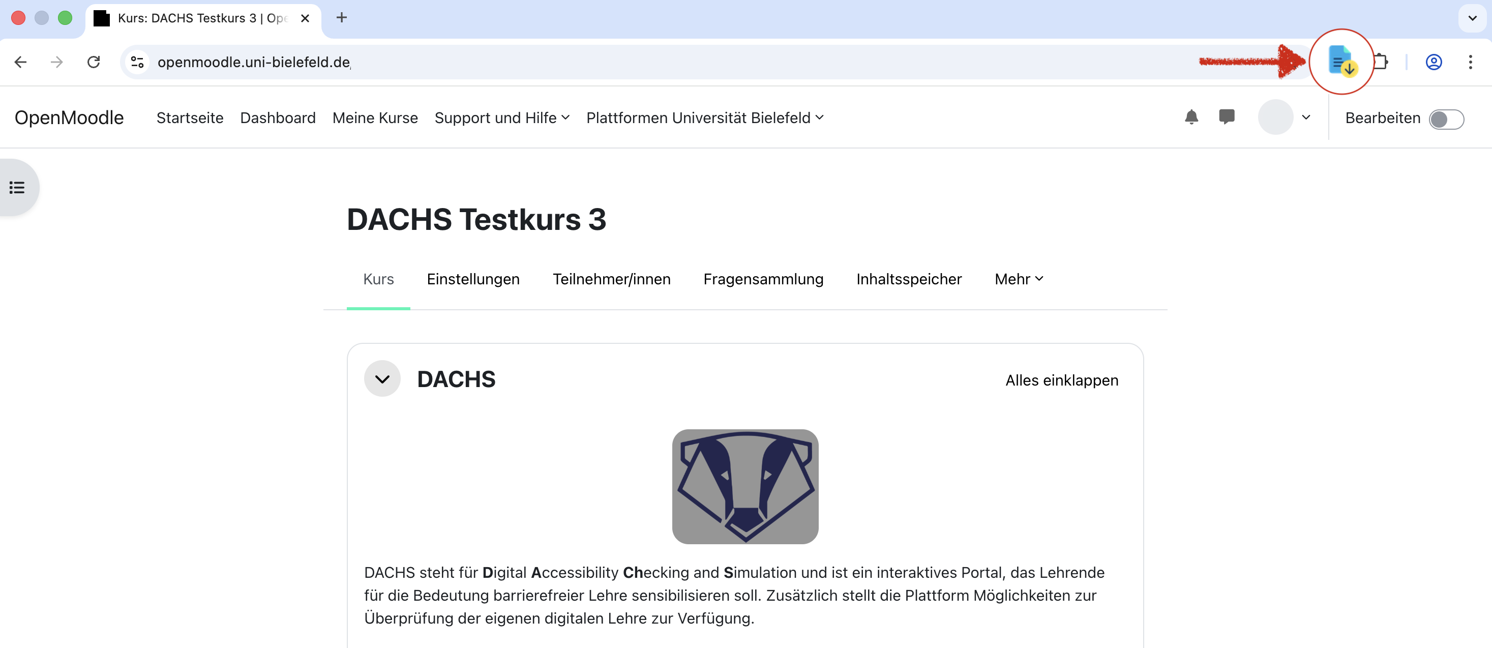 Symbol der Erweiterung SingleFile in der Symbolleiste von Google Chrome, die angeklickt wird, um die aktuelle Website als einzelne Datei herunterzuladen.