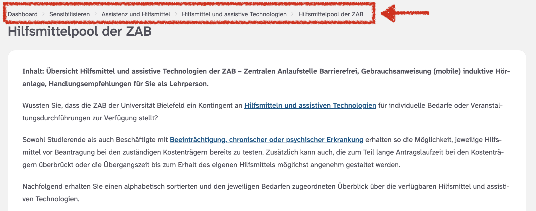 Hervorhebung der Navigation für einen Artikel im Portalbereich Sensibilisieren.